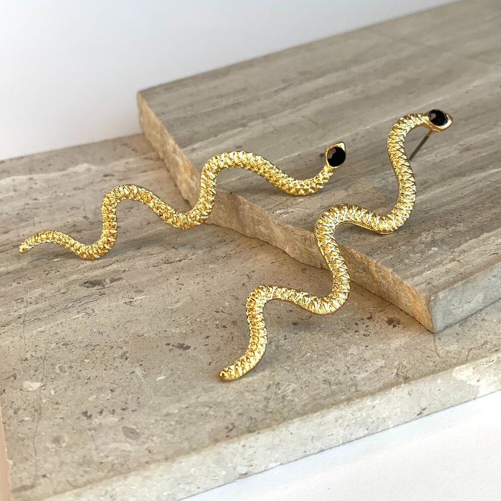 NEW ~ Anthropologie Long Gold Snake Black Stone Eye Earrings